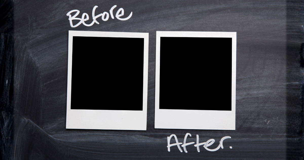 黒板のような背景にポラロイド風の枠が並び、「Before」と「After」と記された画像。理論を実践に移し、記事を「CVする文章」に劇的に書き換えるシミュレーションの対比を表現。